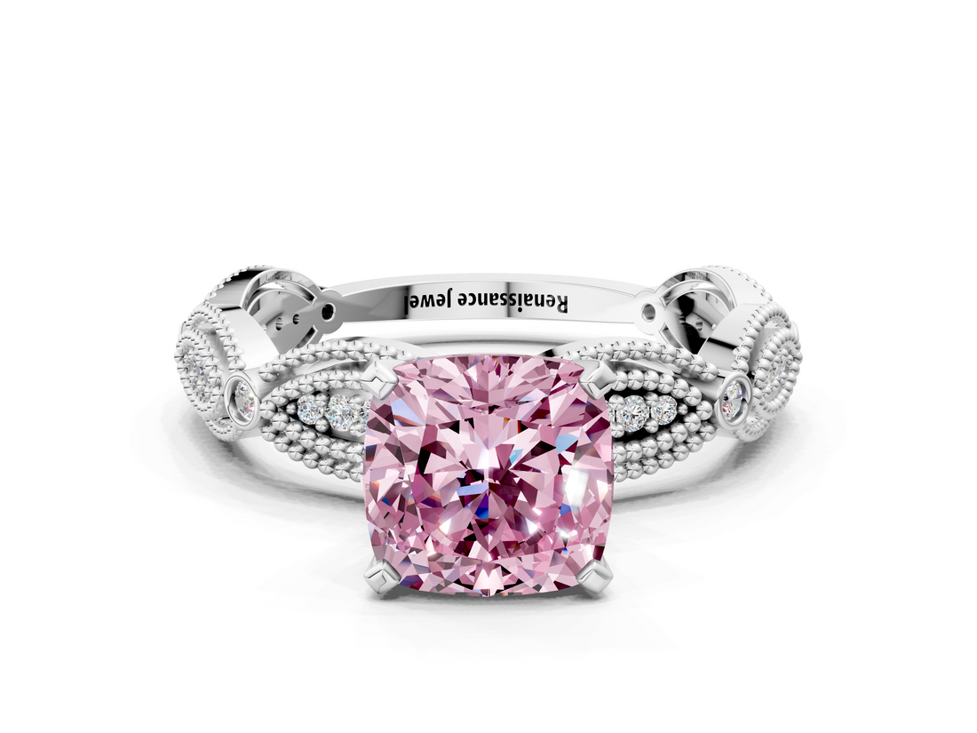 White gold Fancy Pink Cushion  Solitaire Milgrain Diamond Engagement Ring with Bezel and Marquise Band_101