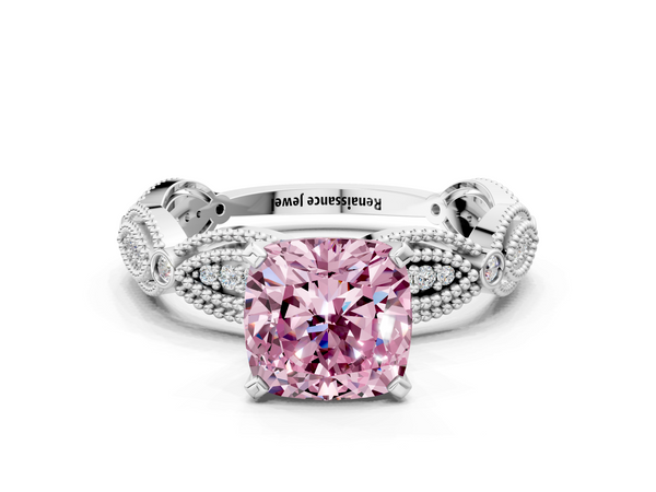 White gold Fancy Pink Cushion  Solitaire Milgrain Diamond Engagement Ring with Bezel and Marquise Band