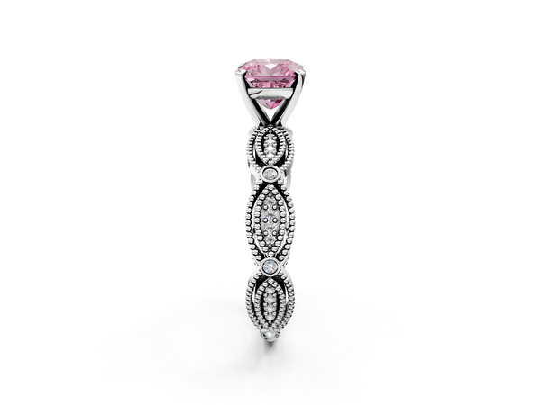 White gold Fancy Pink Cushion  Solitaire Milgrain Diamond Engagement Ring with Bezel and Marquise Band