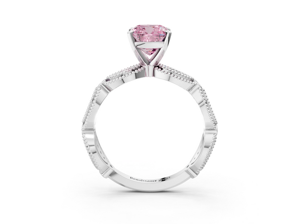 White gold Fancy Pink Cushion  Solitaire Milgrain Diamond Engagement Ring with Bezel and Marquise Band