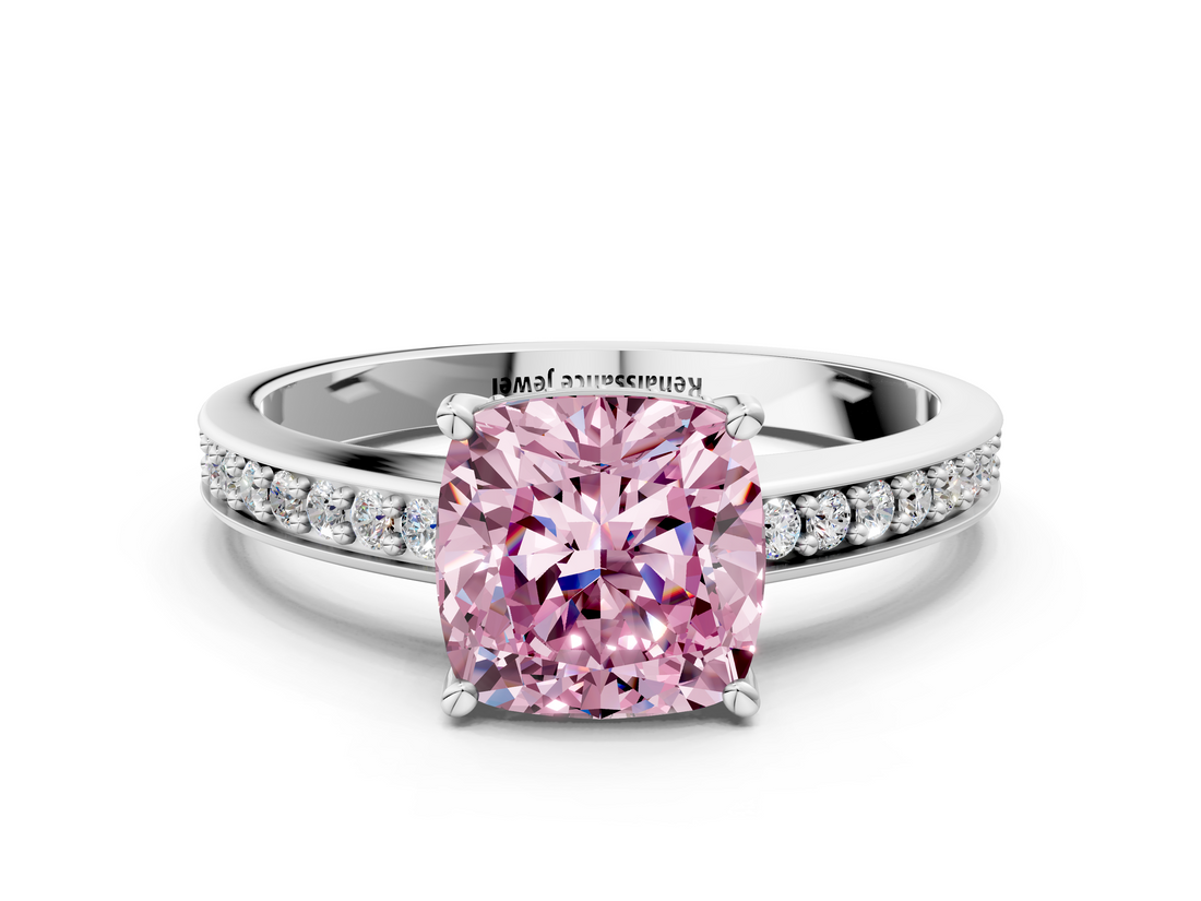 White gold Fancy Pink Cushion  Solitaire Pavé Band Prong Setting Ring_20