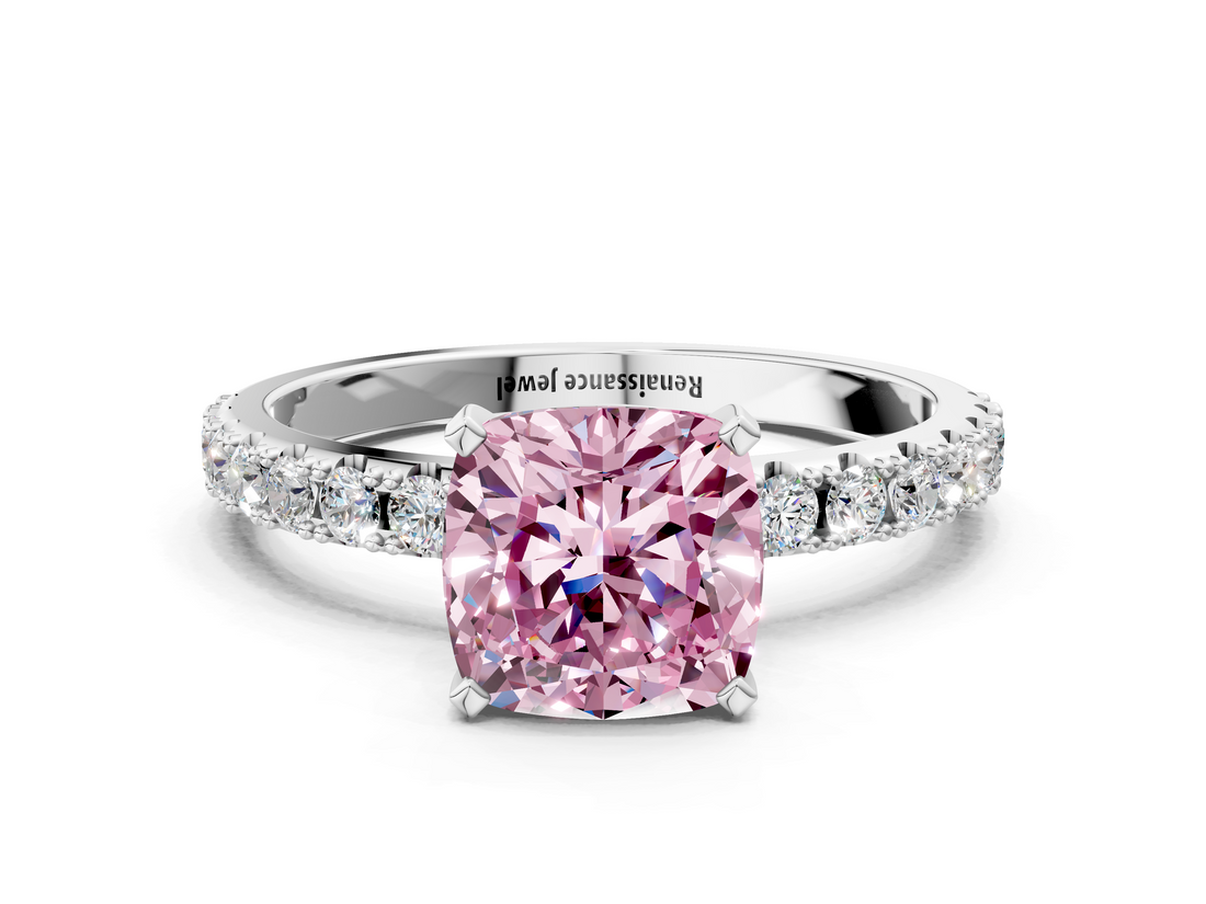 White gold Fancy Pink Cushion  Solitaire Pavé Band with Four-Prong Setting_161