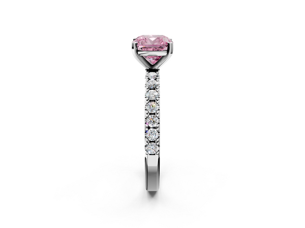 White gold Fancy Pink Cushion Cut Diamond Solitaire Pavé Band with Four-Prong Setting
