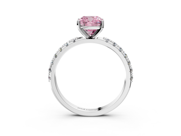 White gold Fancy Pink Cushion Cut Diamond Solitaire Pavé Band with Four-Prong Setting