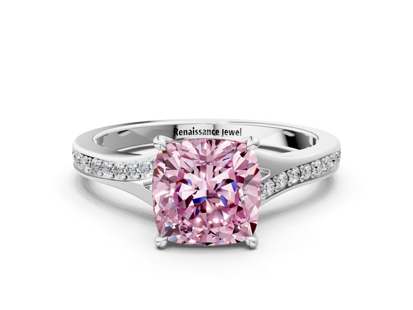 White gold Fancy Pink Cushion Cut Diamond Solitaire Ring with Pavé Band and Prong Setting