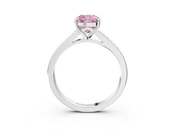 White gold Fancy Pink Cushion Cut Diamond Solitaire Ring with Pavé Band and Prong Setting