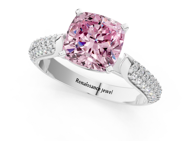 White gold Fancy Pink Cushion  Diamond Solitaire Engagement Ring with Pavé Band and Four-Prong Setting