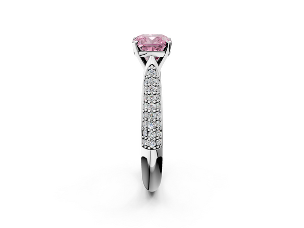 White gold Fancy Pink Cushion  Diamond Solitaire Engagement Ring with Pavé Band and Four-Prong Setting
