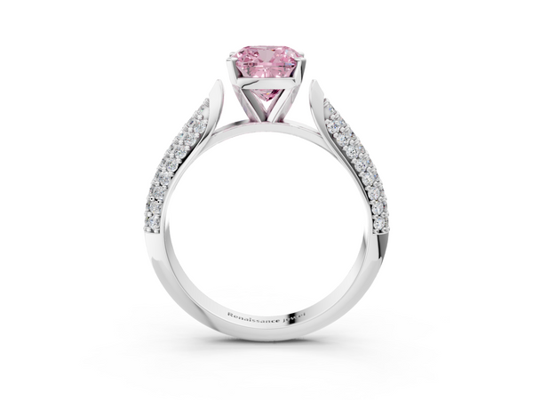White gold Fancy Pink Cushion  Diamond Solitaire Engagement Ring with Pavé Band and Four-Prong Setting