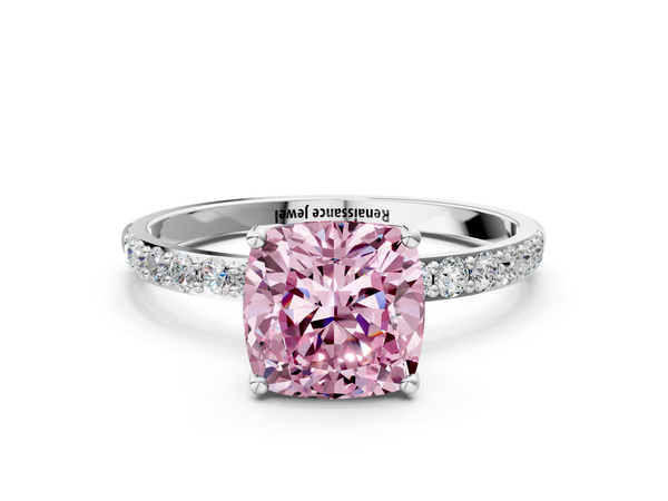 White gold Fancy Pink Cushion Cut Diamond Solitaire Engagement Ring with Round  Pavé Band and Prong Setting