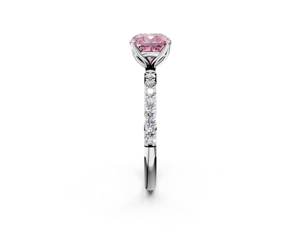 White gold Fancy Pink Cushion Cut Diamond Solitaire Engagement Ring with Round  Pavé Band and Prong Setting
