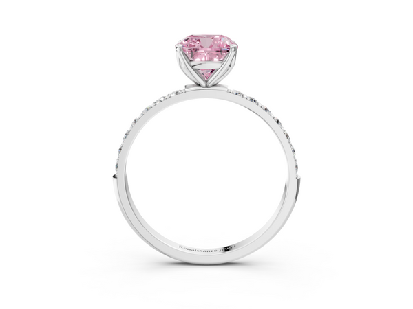 White gold Fancy Pink Cushion Cut Diamond Solitaire Engagement Ring with Round  Pavé Band and Prong Setting