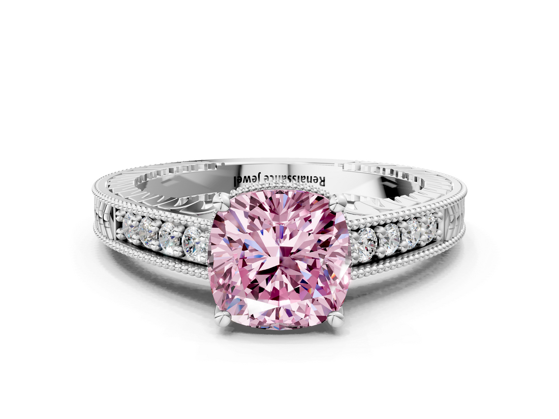 White gold Fancy Pink Cushion  Solitaire Pavé Diamond Milgrain Engagement Ring with Four-Prong Setting_3