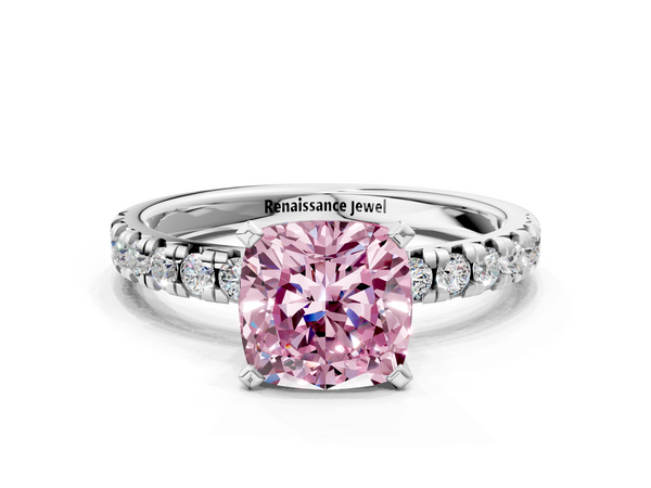 Platinum Fancy Pink Cushion  Solitaire Pave Diamond Engagement Ring with Four-Prong Setting