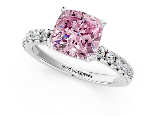 Platinum Fancy Pink Cushion  Solitaire Pave Diamond Engagement Ring with Four-Prong Setting