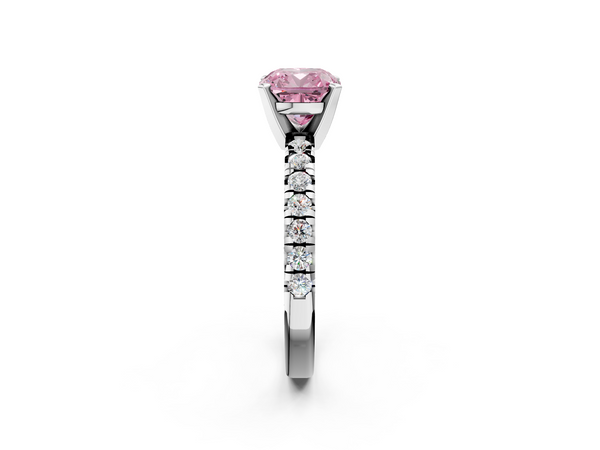 Platinum Fancy Pink Cushion  Solitaire Pave Diamond Engagement Ring with Four-Prong Setting