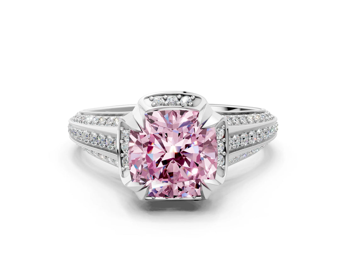White gold Fancy Pink Cushion  Solitaire Pave Split Shank Ring with Four-Prong Setting_145
