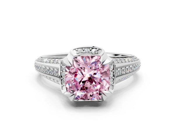 Platinum Fancy Pink Cushion  Solitaire Pave Split Shank Ring with Four-Prong Setting