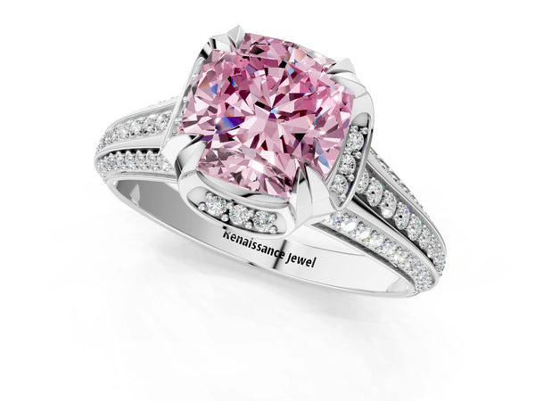 Platinum Fancy Pink Cushion  Solitaire Pave Split Shank Ring with Four-Prong Setting