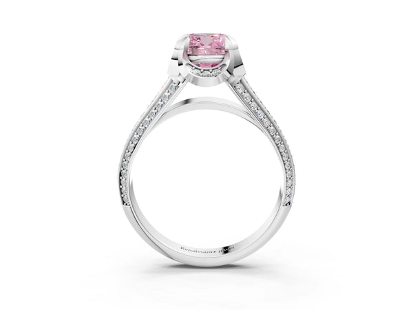 Platinum Fancy Pink Cushion  Solitaire Pave Split Shank Ring with Four-Prong Setting