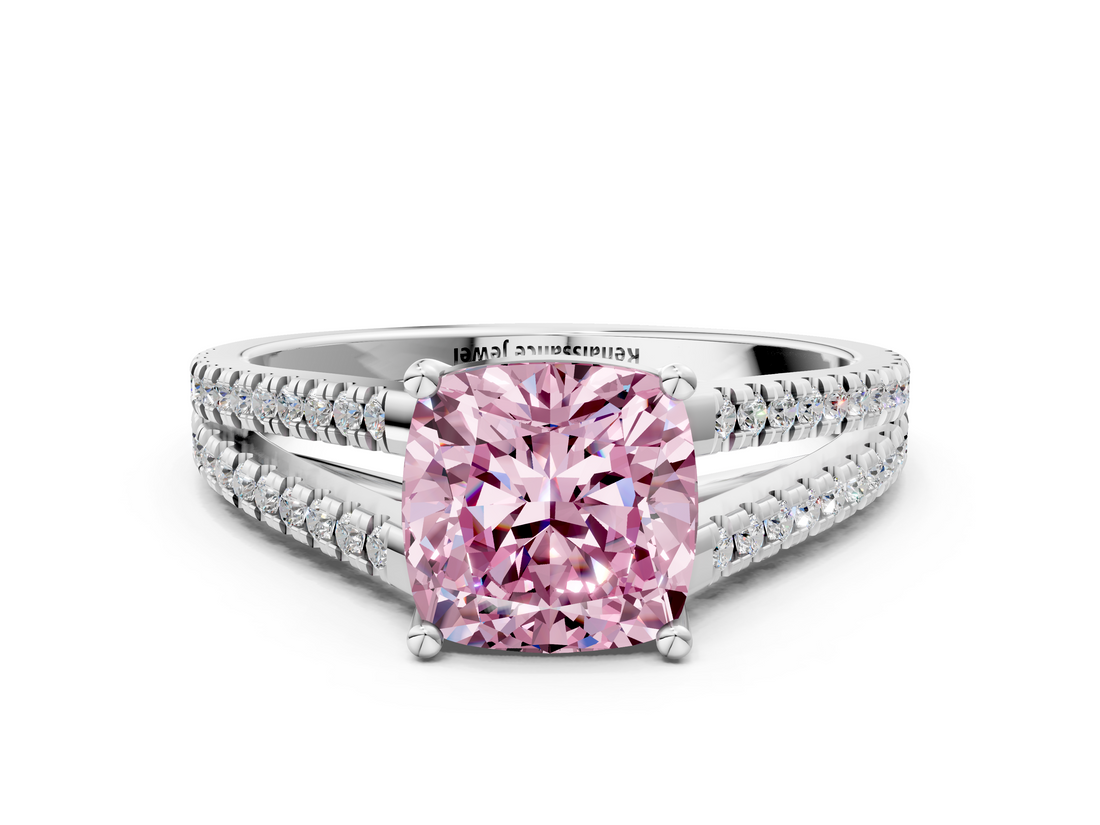 White gold Fancy Pink Cushion  Solitaire Split Shank Pavé Diamond Engagement Ring_393