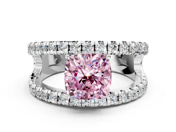 Platinum Fancy Pink Cushion  Solitaire Split Shank Pave Diamond Ring
