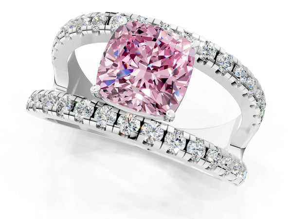 Platinum Fancy Pink Cushion  Solitaire Split Shank Pave Diamond Ring