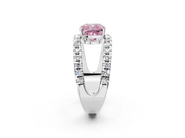 Platinum Fancy Pink Cushion  Solitaire Split Shank Pave Diamond Ring