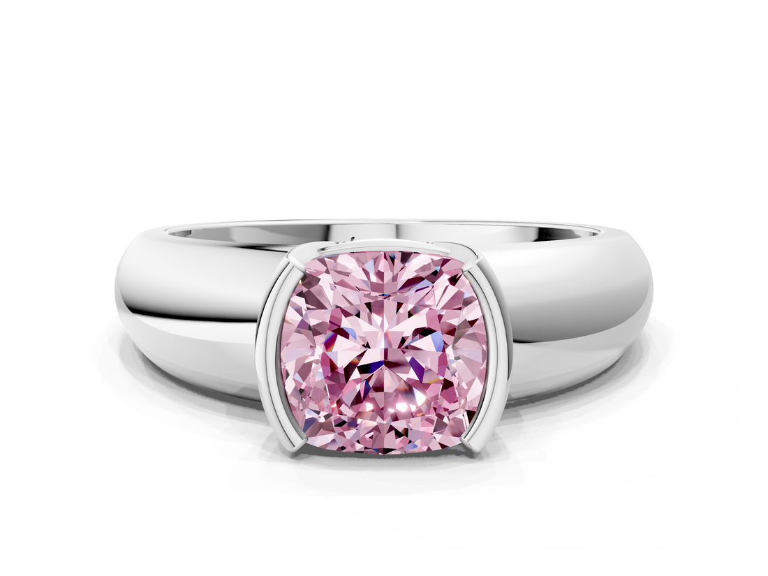 White gold Fancy Pink Cushion  Solitaire Tension Set Diamond Ring with Wide Band_20