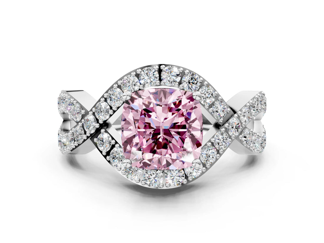 White gold Fancy Pink Cushion  Solitaire Twist Band Pavé Diamond Engagement Ring_32