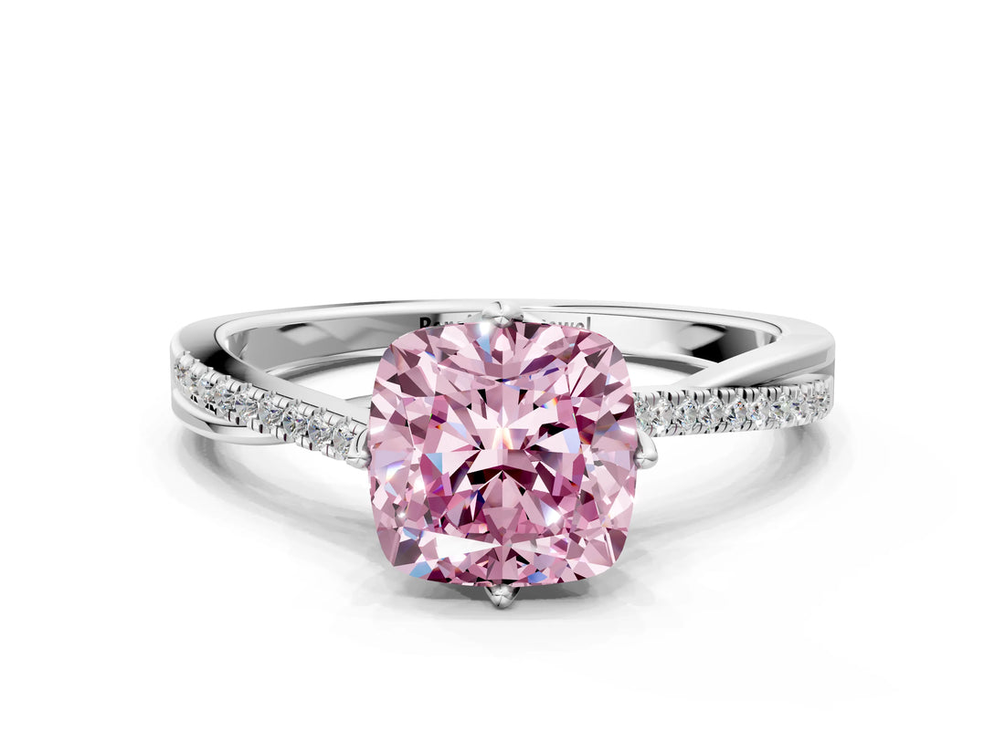 White gold Fancy Pink Cushion  Solitaire Twist Band with Pavé Diamonds and Four-Prong Setting_121