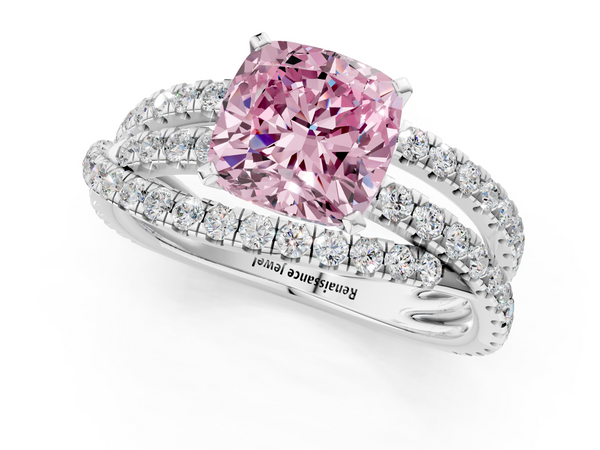 Platinum Fancy Pink Cushion  Solitaire Twist Band with Pavé Setting and Four-Prong Setting