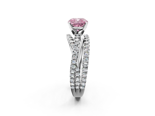 Platinum Fancy Pink Cushion  Solitaire Twist Band with Pavé Setting and Four-Prong Setting