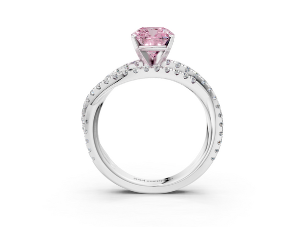 Platinum Fancy Pink Cushion  Solitaire Twist Band with Pavé Setting and Four-Prong Setting