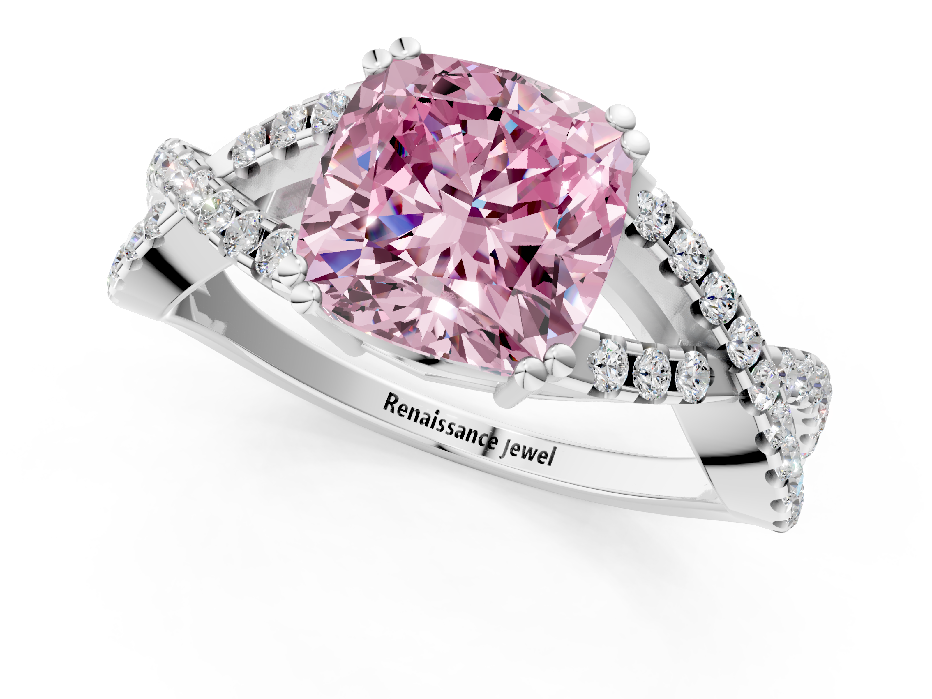 White gold Fancy Pink Cushion  Solitaire Twist Band with Pavé Setting and Four-Prong Setting_18