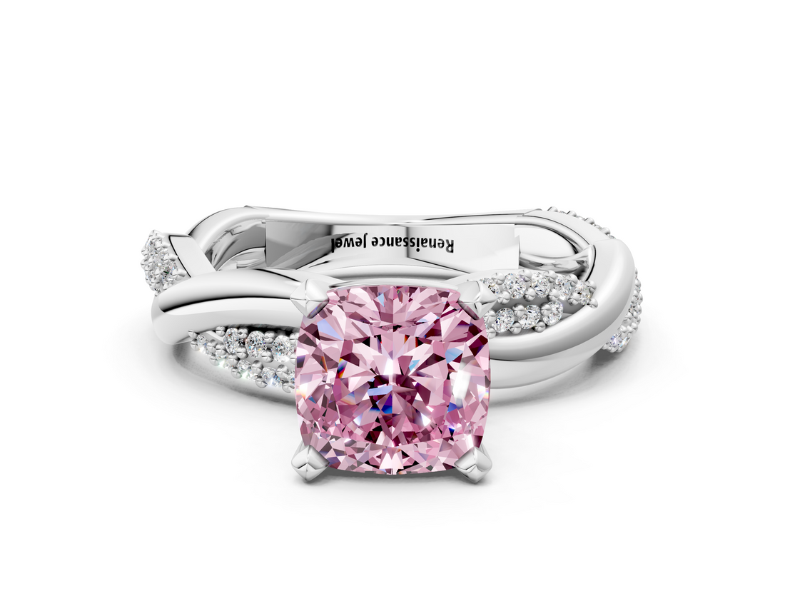 White gold Fancy Pink Cushion  Solitaire Twist Band with Pave Prong Setting_39