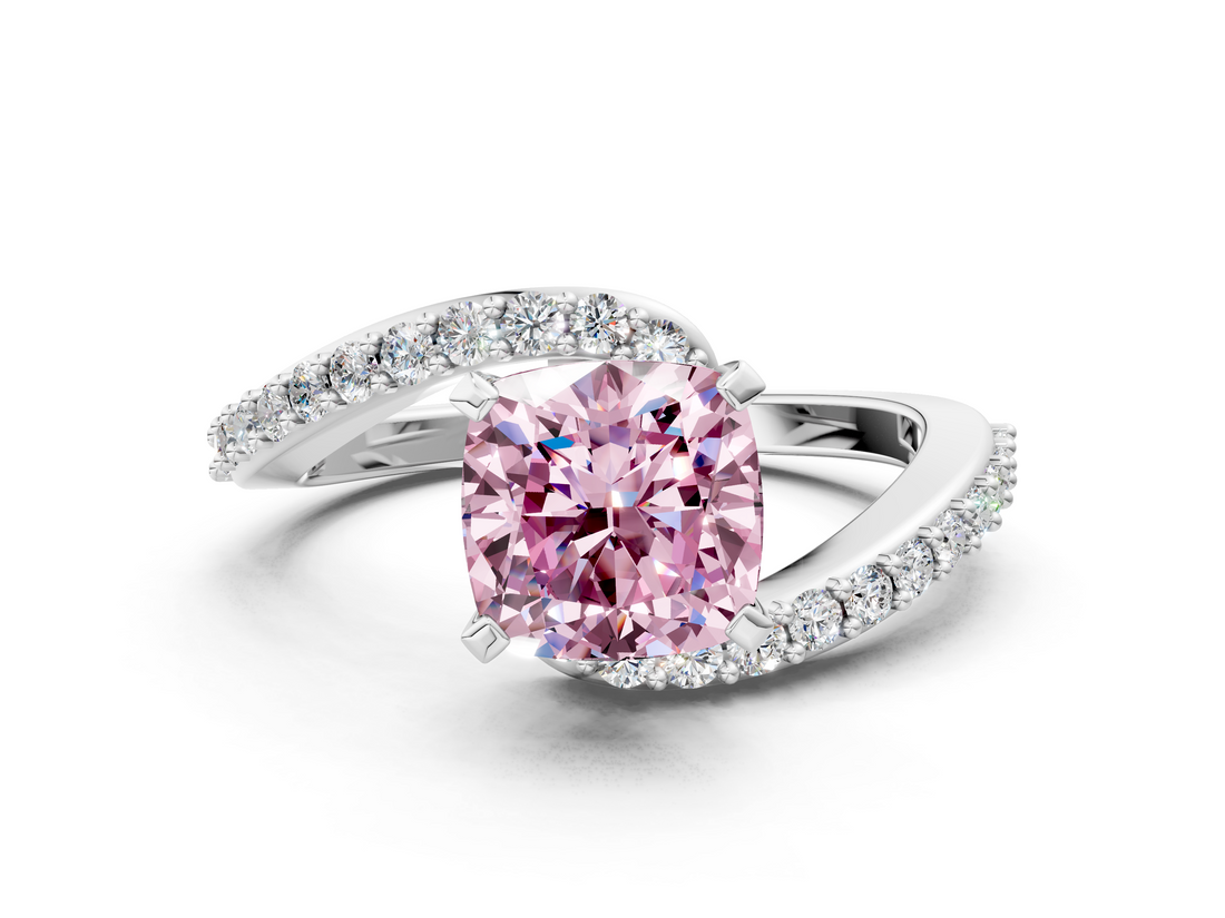 White gold Fancy Pink Cushion  Solitaire Twist Band with Pave Set Diamonds and Four-Prong Setting_109