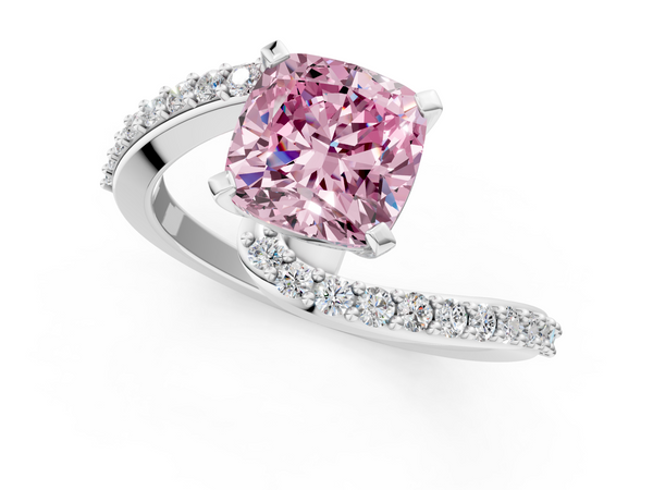 Platinum Fancy Pink Cushion  Solitaire Twist Band with Pave Set Diamonds and Four-Prong Setting