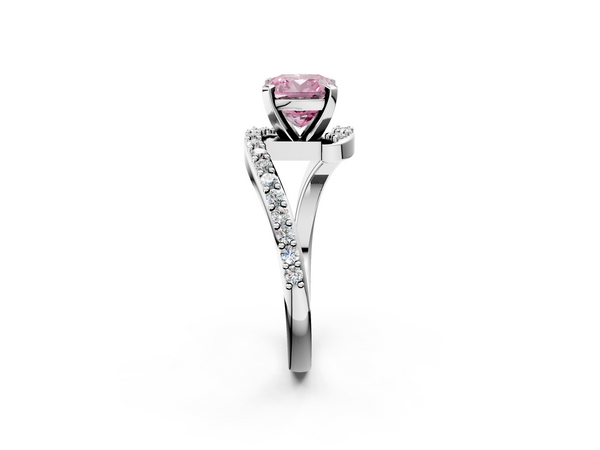 Platinum Fancy Pink Cushion  Solitaire Twist Band with Pave Set Diamonds and Four-Prong Setting