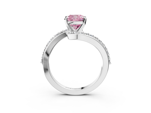 Platinum Fancy Pink Cushion  Solitaire Twist Band with Pave Set Diamonds and Four-Prong Setting