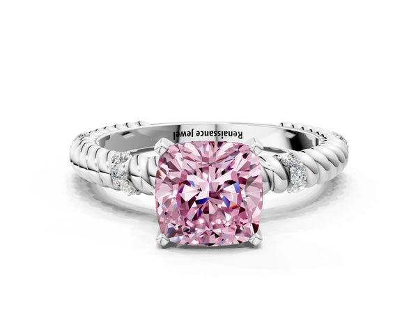 White gold Fancy Pink Cushion  Solitaire Twisted Band Prong Set Engagement Ring