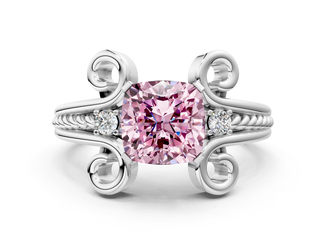 White gold Fancy Pink Cushion  Solitaire Twisted Band Scroll Prong Ring_3