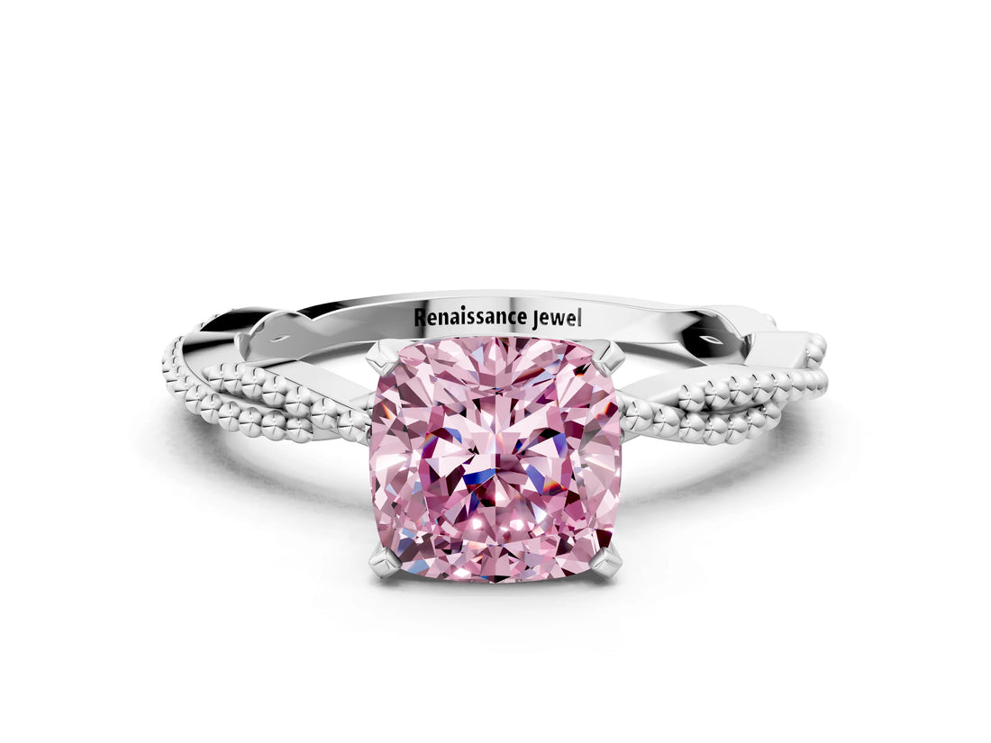 White gold Fancy Pink Cushion  Solitaire Twisted Band with Bead Prong Setting_278