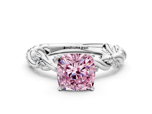 White gold Fancy Pink Cushion Cut Diamond Solitaire Ring with Twisted Band and Pavé Accents