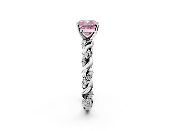 White gold Fancy Pink Cushion Cut Diamond Solitaire Ring with Twisted Band and Pavé Accents