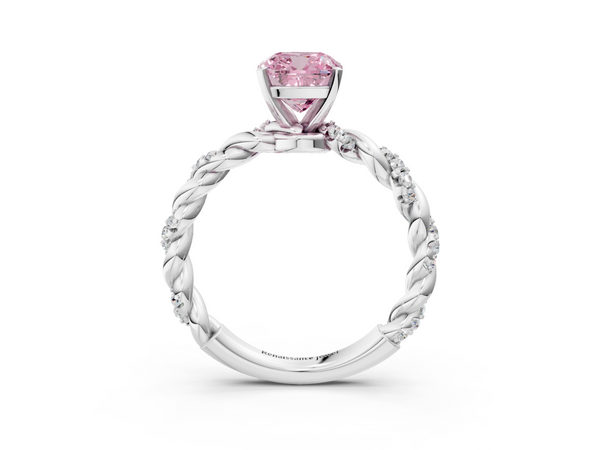 White gold Fancy Pink Cushion Cut Diamond Solitaire Ring with Twisted Band and Pavé Accents