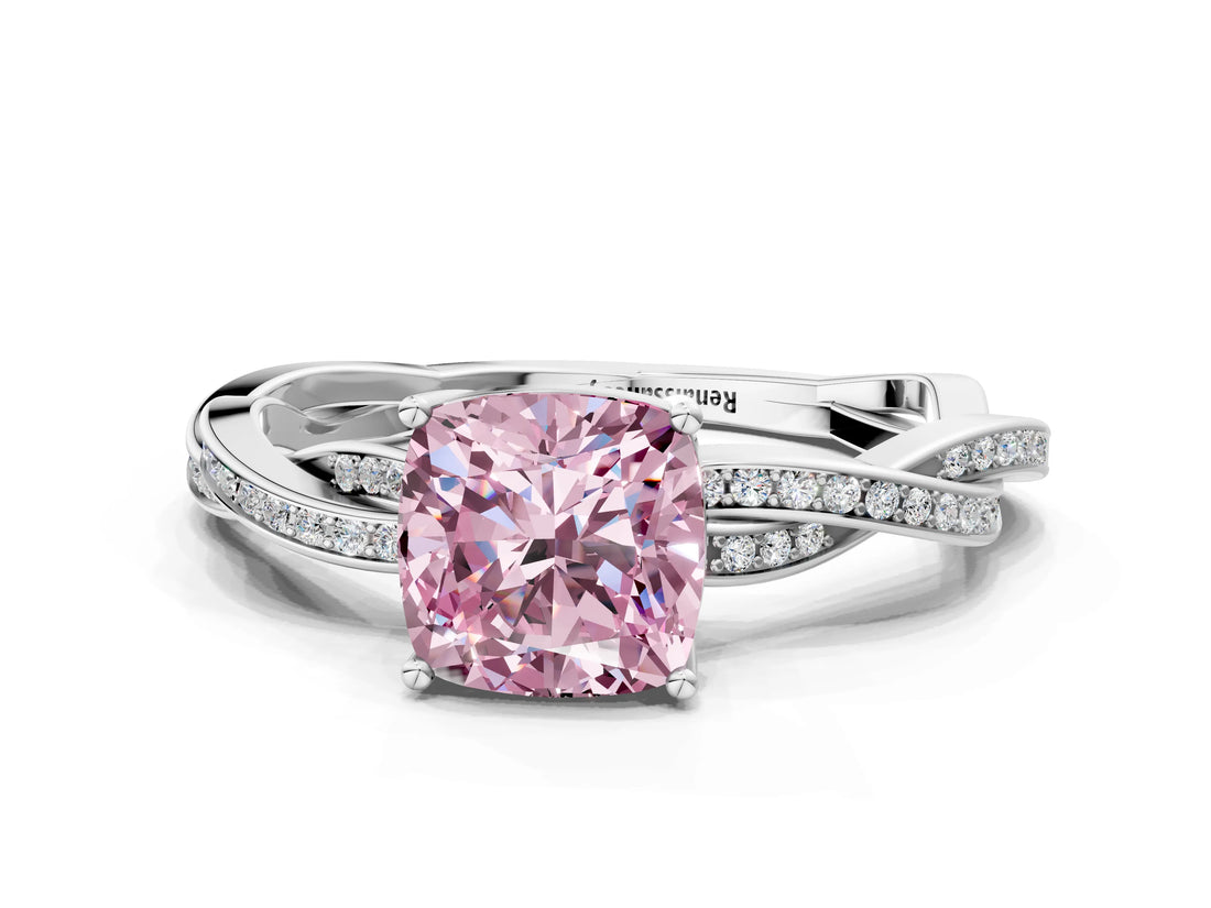White gold Fancy Pink Cushion  Solitaire Twisted Pave Diamond Ring with Four-Prong Setting_140