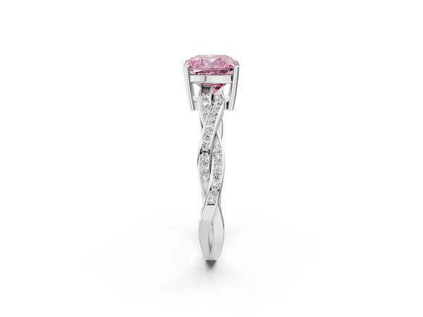 White gold Fancy Pink Cushion  Solitaire Twisted Pave Diamond Ring with Four-Prong Setting