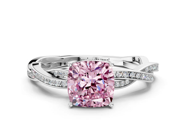 White gold Fancy Pink Cushion  Solitaire Twisted Pave Diamond Ring with Four-Prong Setting