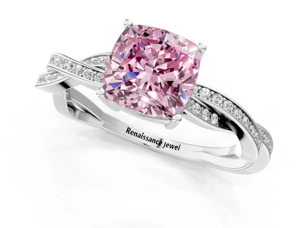 White gold Fancy Pink Cushion  Solitaire Twisted Pave Diamond Ring with Four-Prong Setting